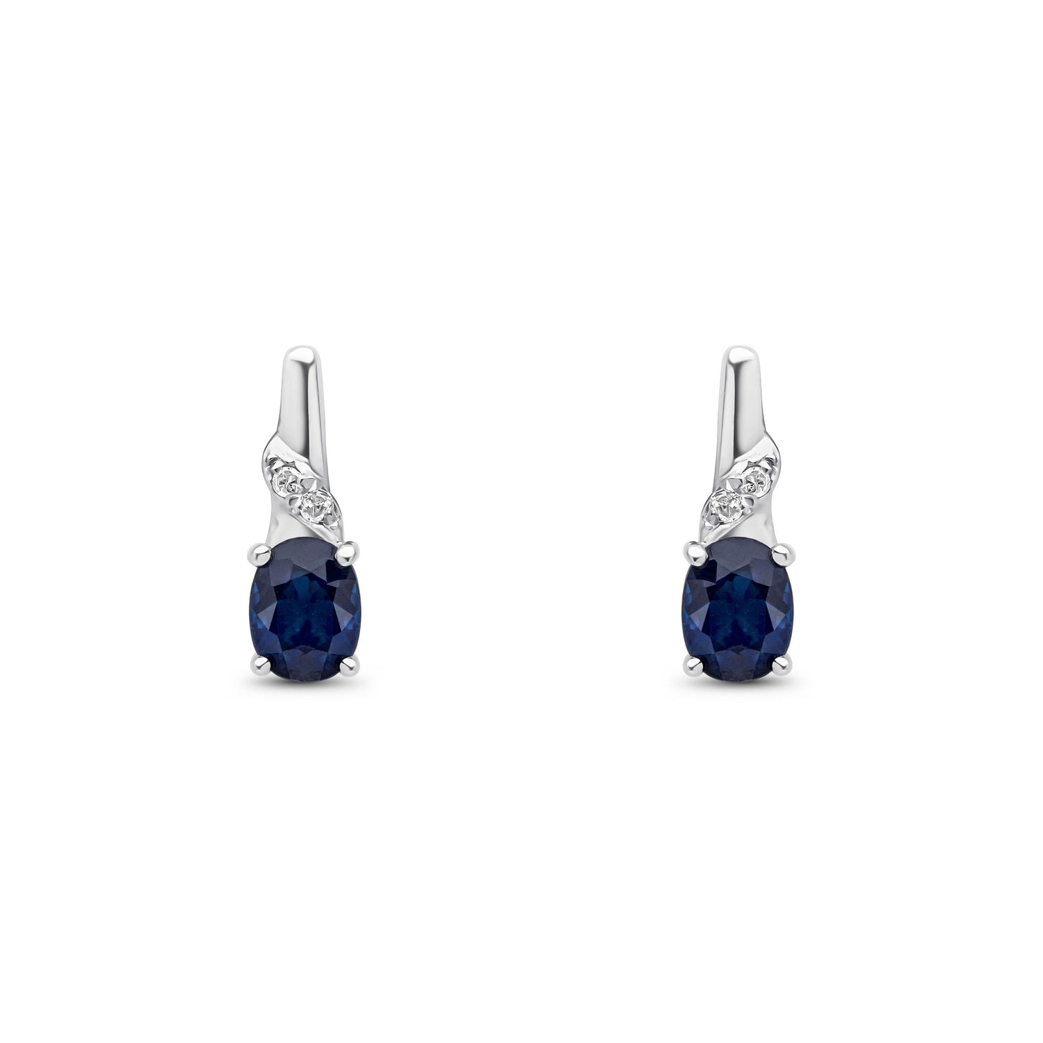 9ct White Gold Oval Natural Blue Sapphire and Round Diamond Drop Earrings