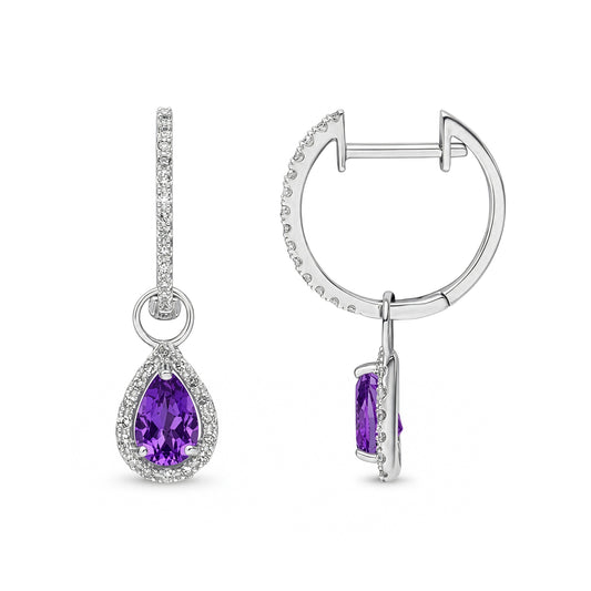 9ct White Gold Pear Shaped Natural Amethyst and Round Diamond Halo Hoop Drop Earrings