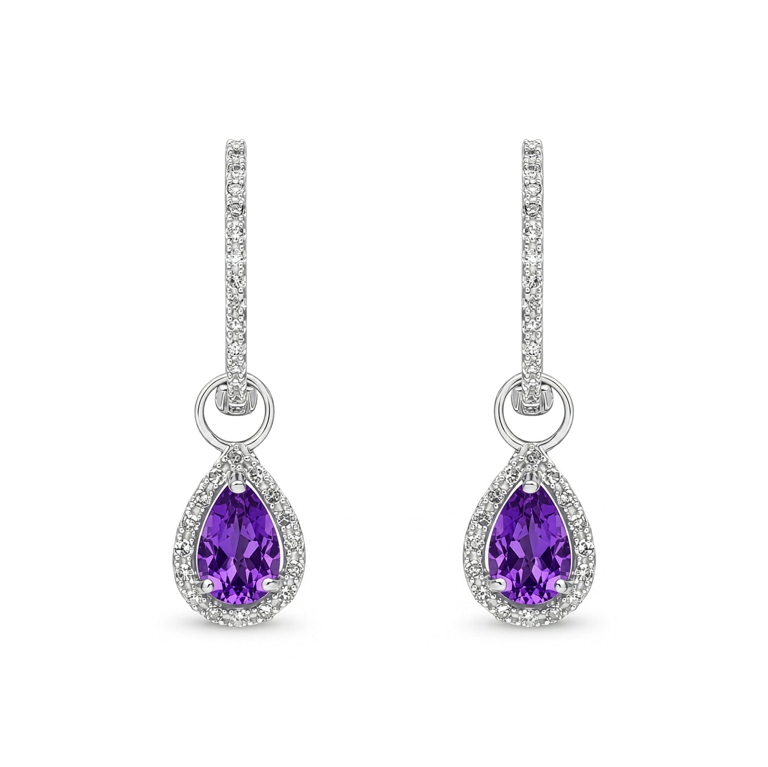 9ct White Gold Pear Shaped Natural Amethyst and Round Diamond Halo Hoop Drop Earrings