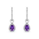 9ct White Gold Pear Shaped Natural Amethyst & Diamond Halo Hoop Drop Earrings — 6x4mm