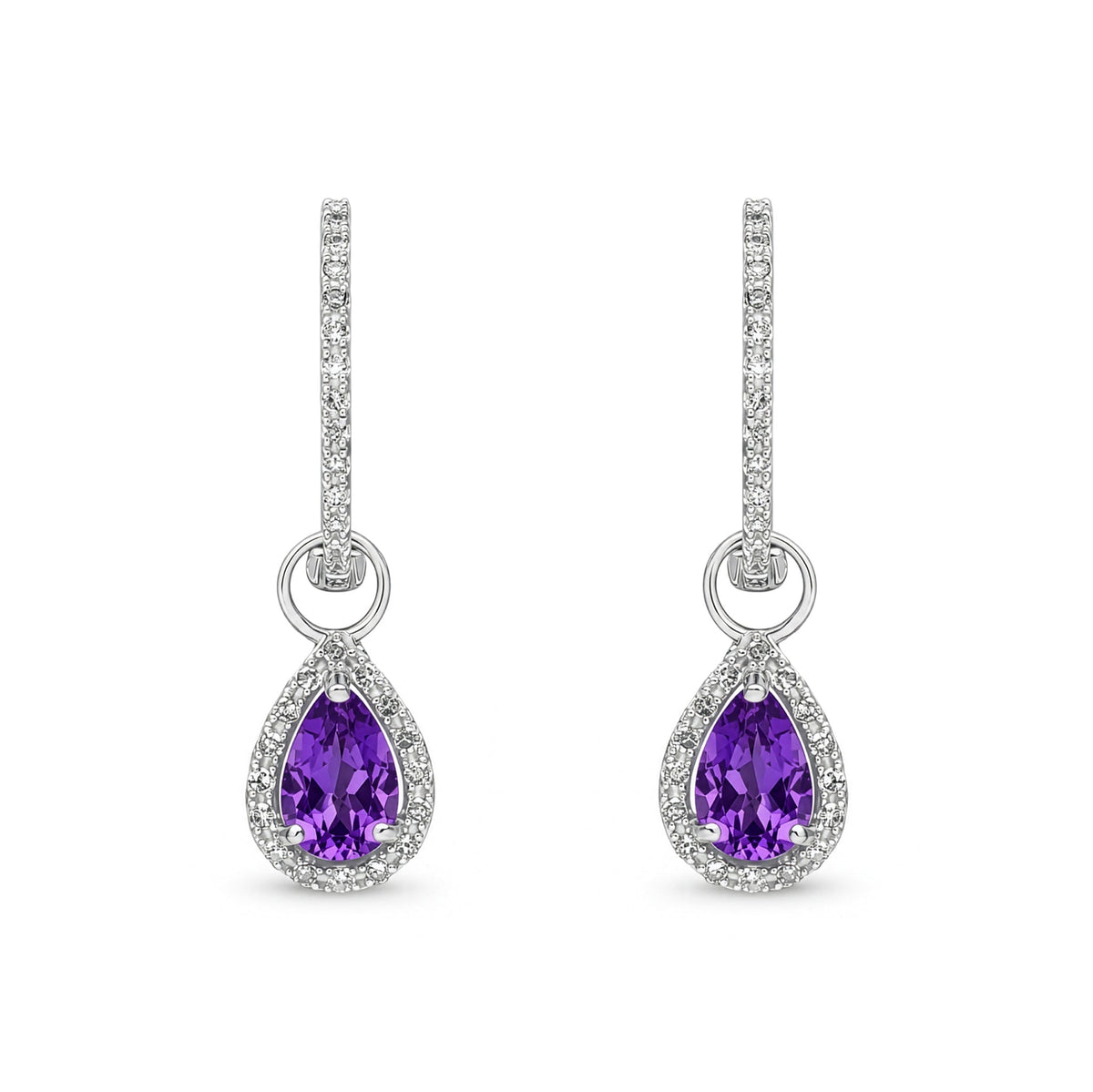 9ct White Gold Pear Shaped Natural Amethyst & Diamond Halo Hoop Drop Earrings — 6x4mm