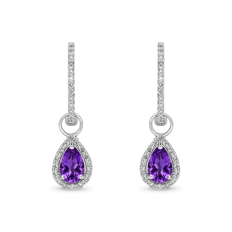 9ct White Gold Pear Shaped Natural Amethyst & Diamond Halo Hoop Drop Earrings — 6x4mm