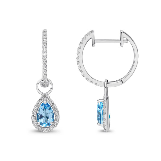 9ct White Gold Pear Shaped Natural Swiss Blue Topaz and Round Diamond Halo Hoop Drop Earrings