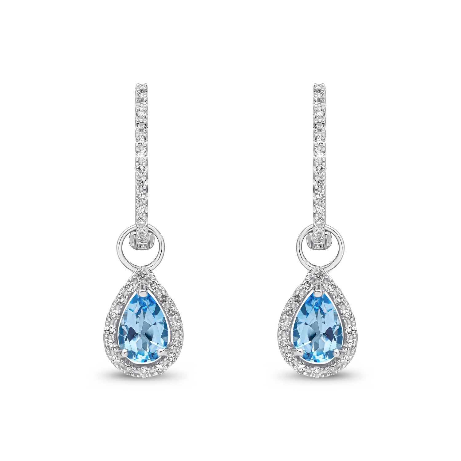9ct White Gold Pear Shaped Natural Swiss Blue Topaz and Round Diamond Halo Hoop Drop Earrings