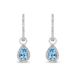9ct White Gold Pear Shaped Natural Swiss Blue Topaz & Diamond Halo Hoop Drop Earrings — 6x4mm