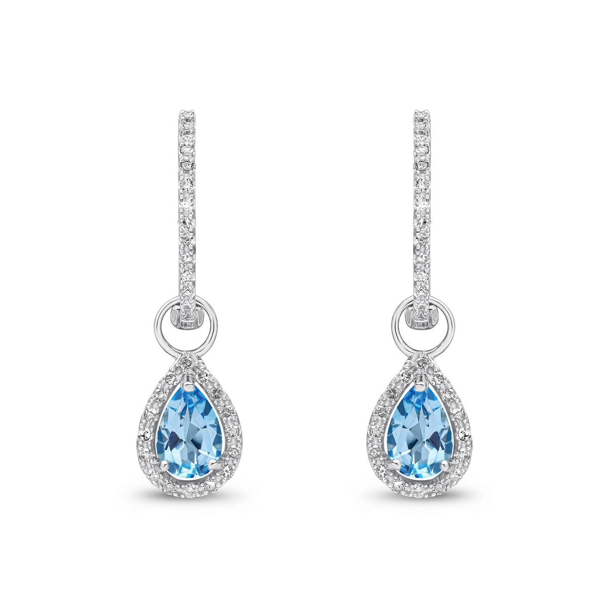 9ct White Gold Pear Shaped Natural Swiss Blue Topaz & Diamond Halo Hoop Drop Earrings — 6x4mm
