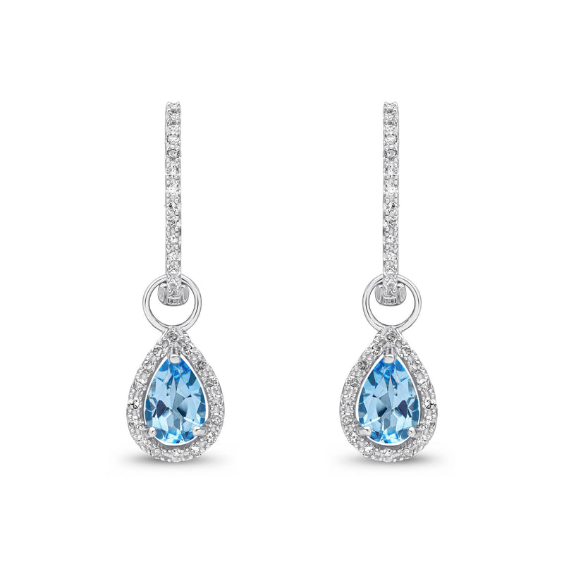 9ct White Gold Pear Shaped Natural Swiss Blue Topaz & Diamond Halo Hoop Drop Earrings — 6x4mm
