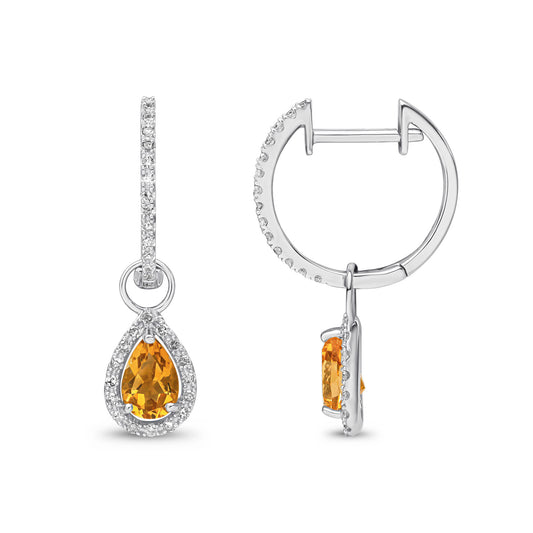 9ct White Gold Pear Shaped Natural Citrine and Round Diamond Halo Hoop Drop Earrings