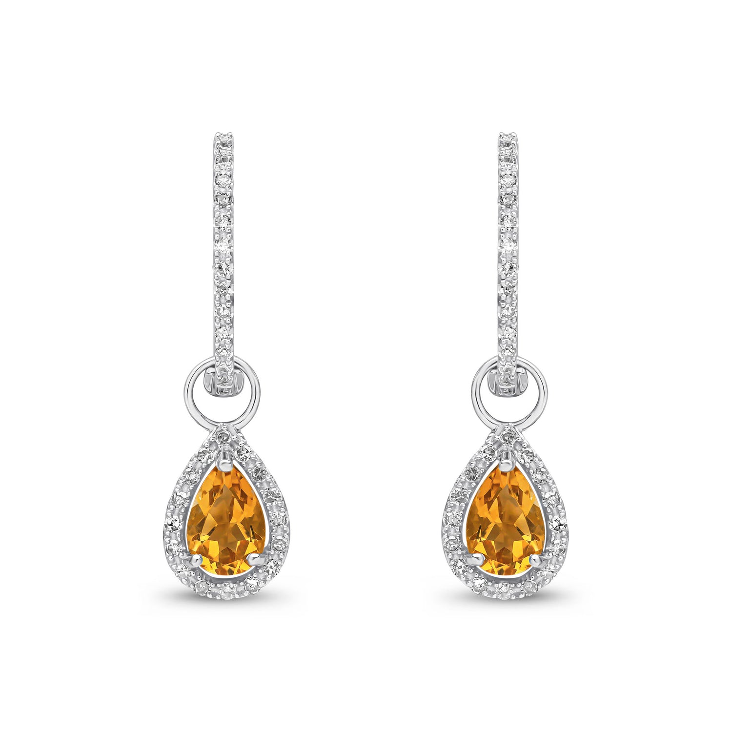 9ct White Gold Pear Shaped Natural Citrine and Round Diamond Halo Hoop Drop Earrings
