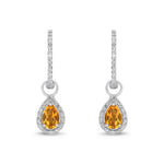 9ct White Gold Pear Shaped Natural Citrine & Diamond Halo Hoop Drop Earrings — 6x4mm