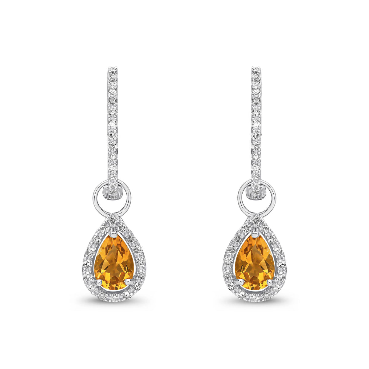 9ct White Gold Pear Shaped Natural Citrine & Diamond Halo Hoop Drop Earrings — 6x4mm