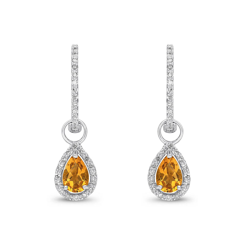 9ct White Gold Pear Shaped Natural Citrine & Diamond Halo Hoop Drop Earrings — 6x4mm