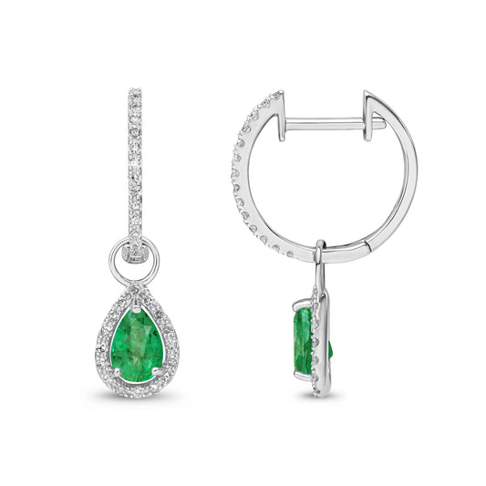 9ct White Gold Pear Shaped Natural Emerald and Round Diamond Halo Hoop Drop Earrings