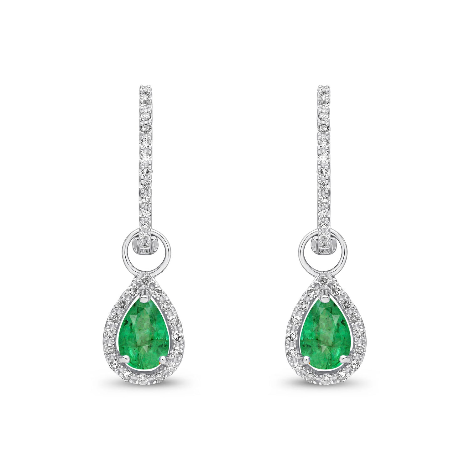 9ct White Gold Pear Shaped Natural Emerald and Round Diamond Halo Hoop Drop Earrings