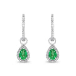 9ct White Gold Pear Shaped Natural Emerald & Diamond Halo Hoop Drop Earrings — 6x4mm