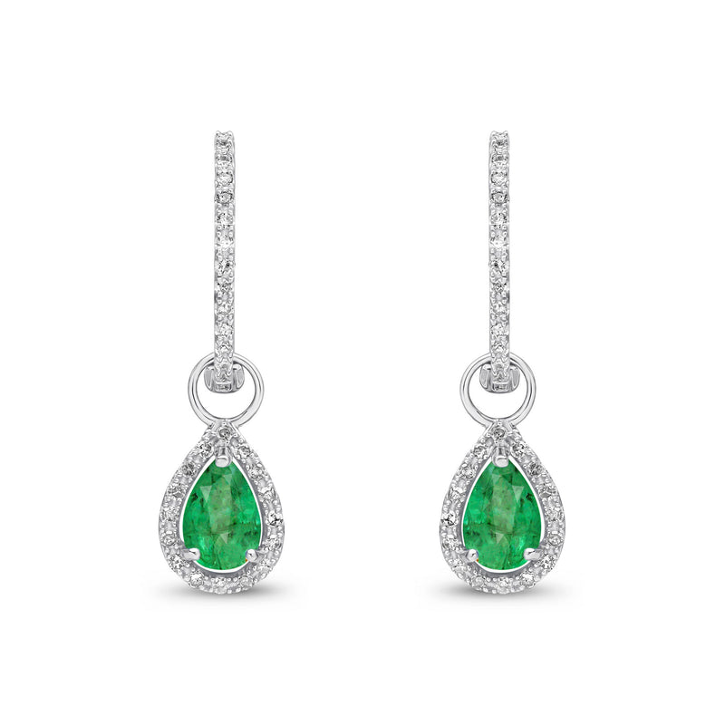 9ct White Gold Pear Shaped Natural Emerald & Diamond Halo Hoop Drop Earrings — 6x4mm