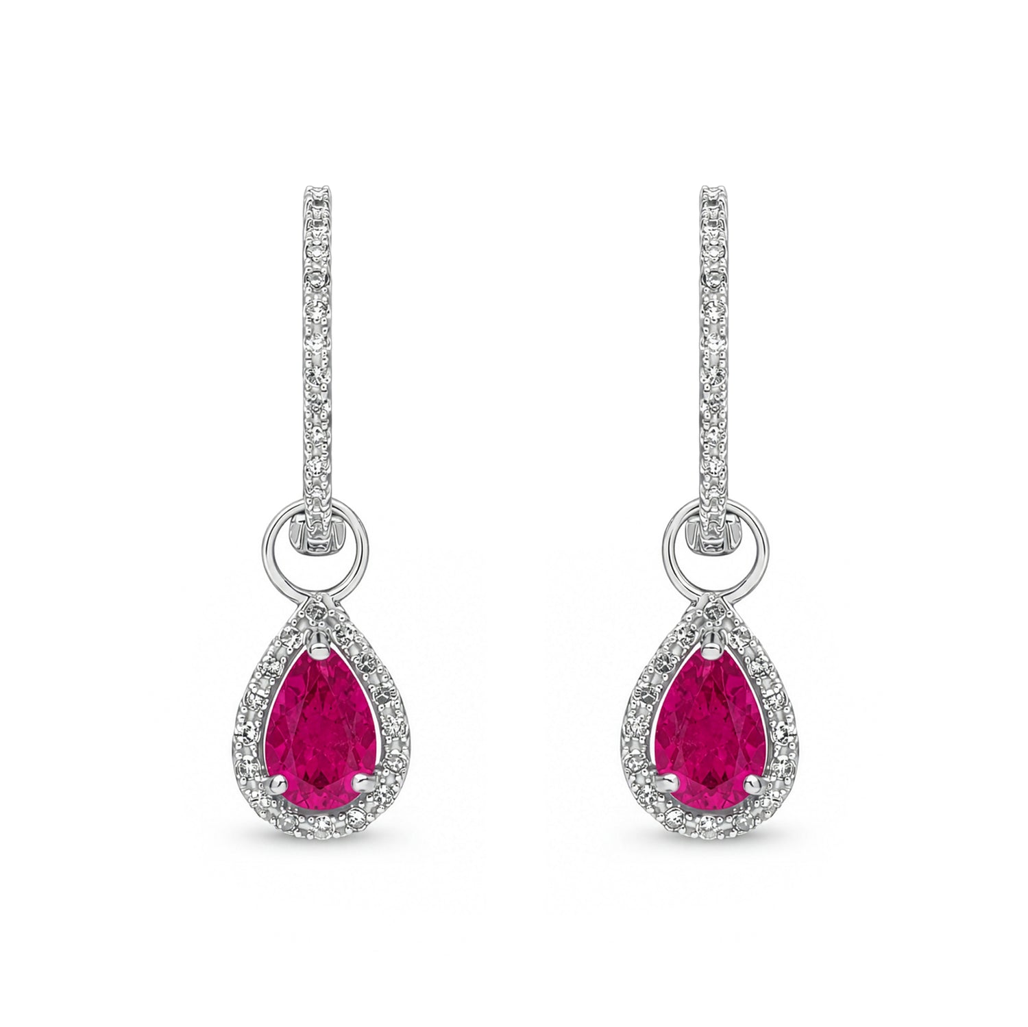 9ct White Gold Pear Shaped Natural Ruby and Round Diamond Halo Hoop Drop Earrings