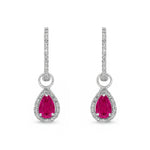 9ct White Gold Pear Shaped Natural Ruby & Diamond Halo Hoop Drop Earrings — 6x4mm