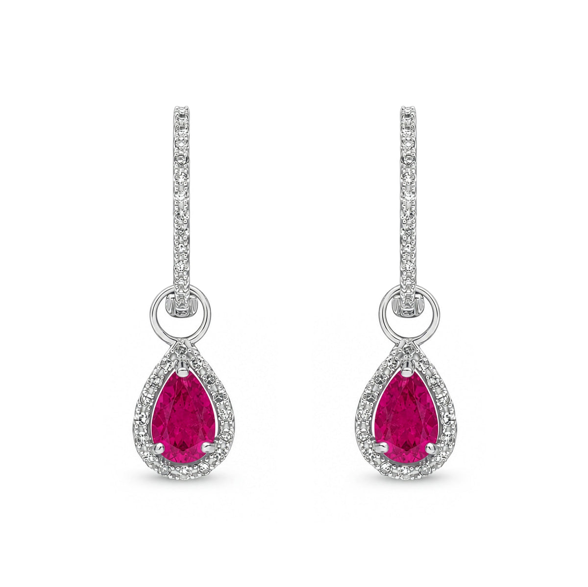 9ct White Gold Pear Shaped Natural Ruby & Diamond Halo Hoop Drop Earrings — 6x4mm