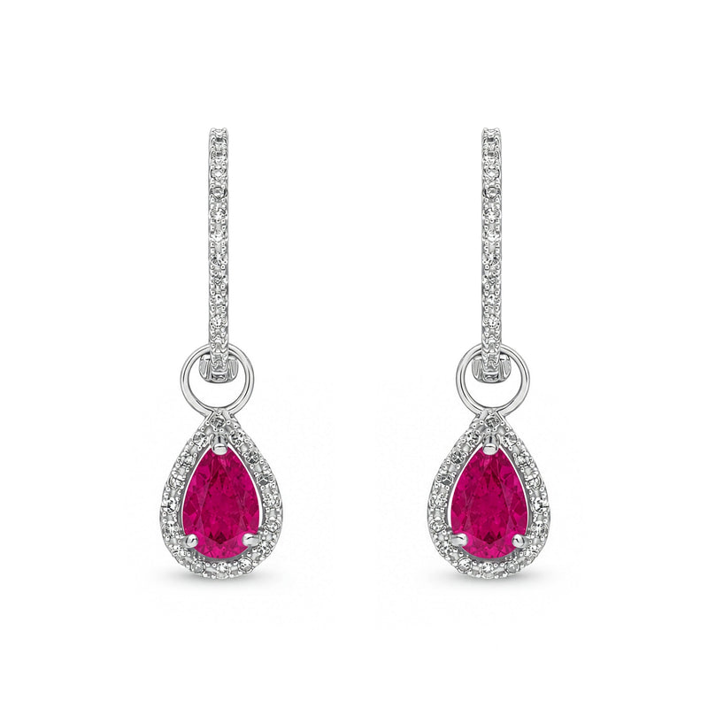 9ct White Gold Pear Shaped Natural Ruby & Diamond Halo Hoop Drop Earrings — 6x4mm