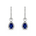 9ct White Gold Pear Shaped Natural Sapphire & Diamond Halo Hoop Drop Earrings — 6x4mm