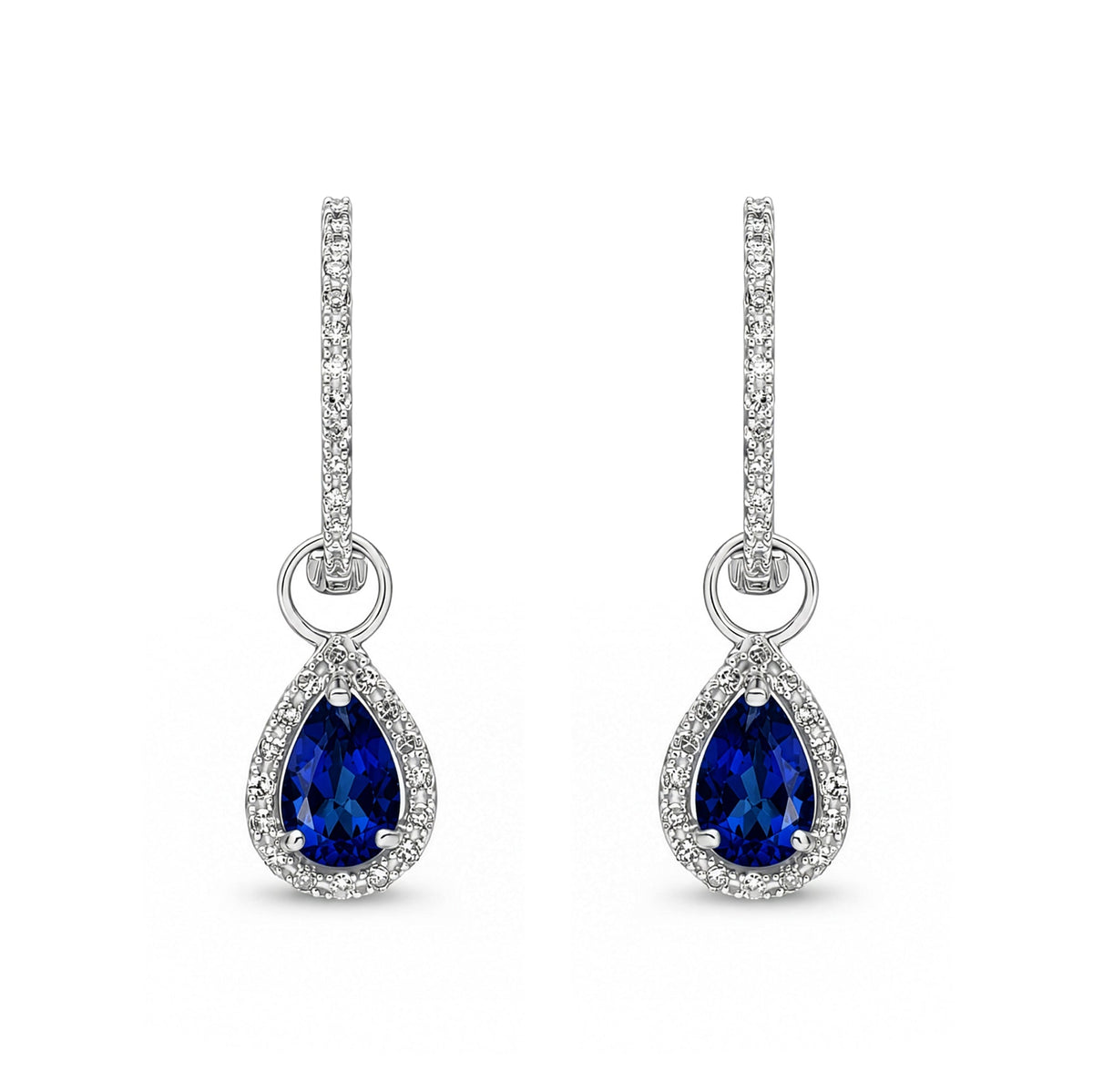 9ct White Gold Pear Shaped Natural Sapphire & Diamond Halo Hoop Drop Earrings — 6x4mm