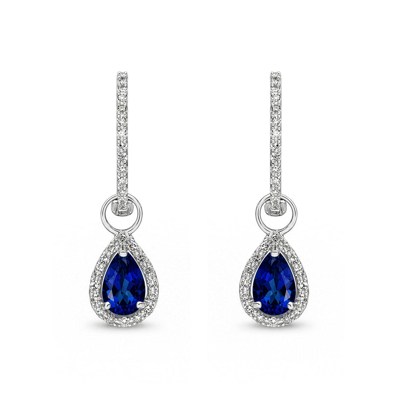9ct White Gold Pear Shaped Natural Sapphire & Diamond Halo Hoop Drop Earrings — 6x4mm