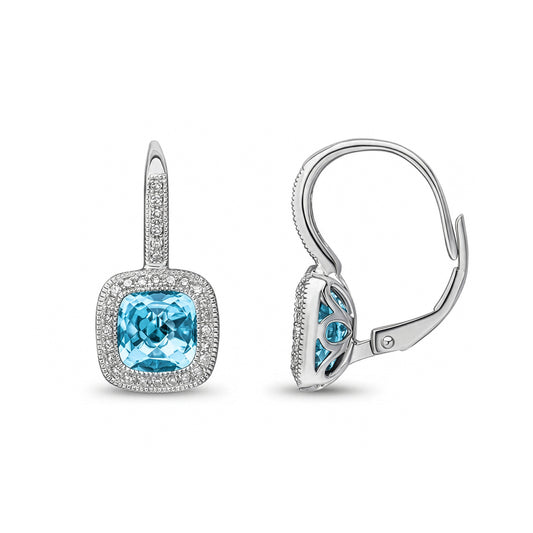 9ct White Gold Cushion Cut Natural Swiss Blue Topaz and Round Diamond Halo Drop Earrings