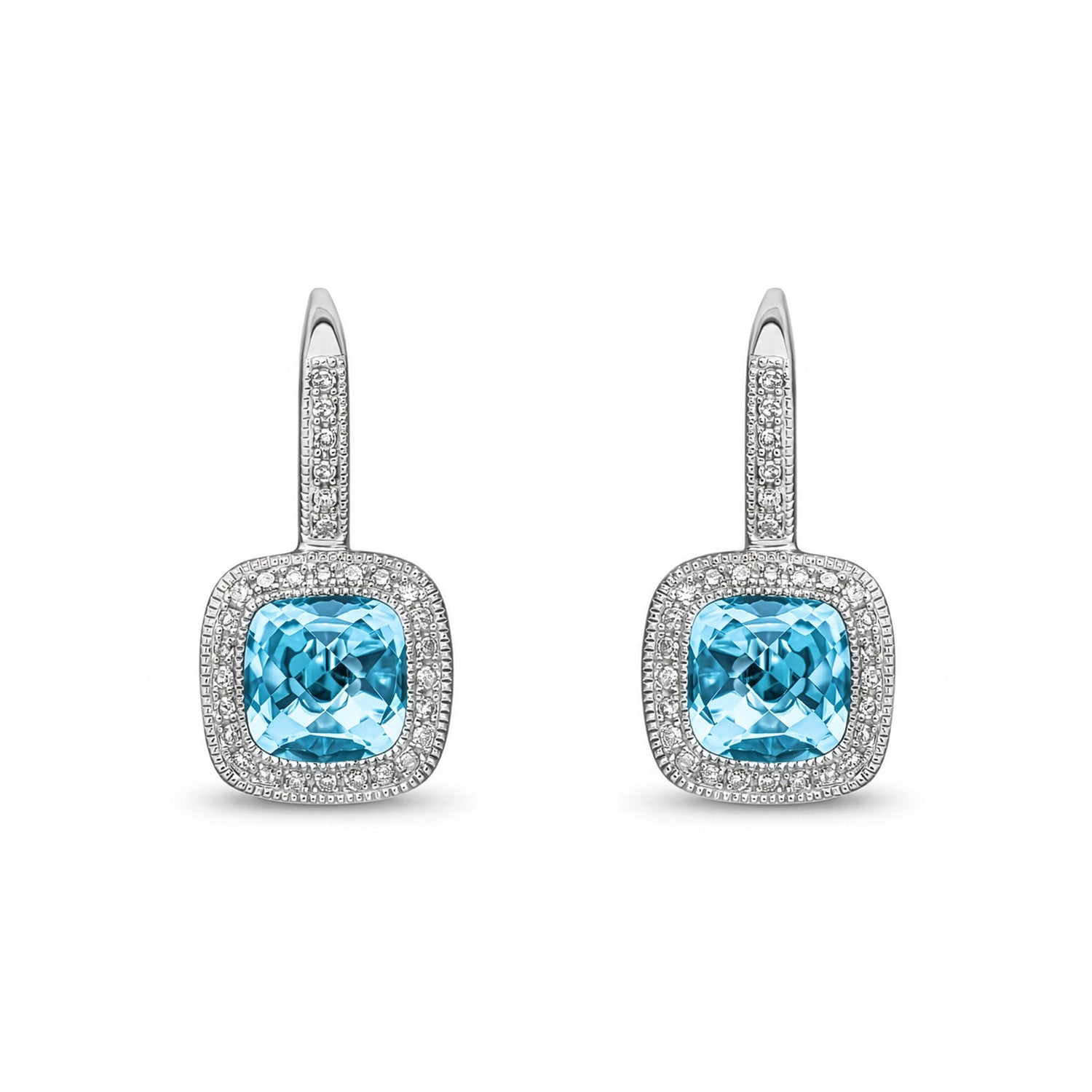 9ct White Gold Cushion Cut Natural Swiss Blue Topaz and Round Diamond Halo Drop Earrings