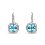 9ct White Gold Cushion Natural Swiss Blue Topaz & Diamond Halo Drop Earrings — 7mm