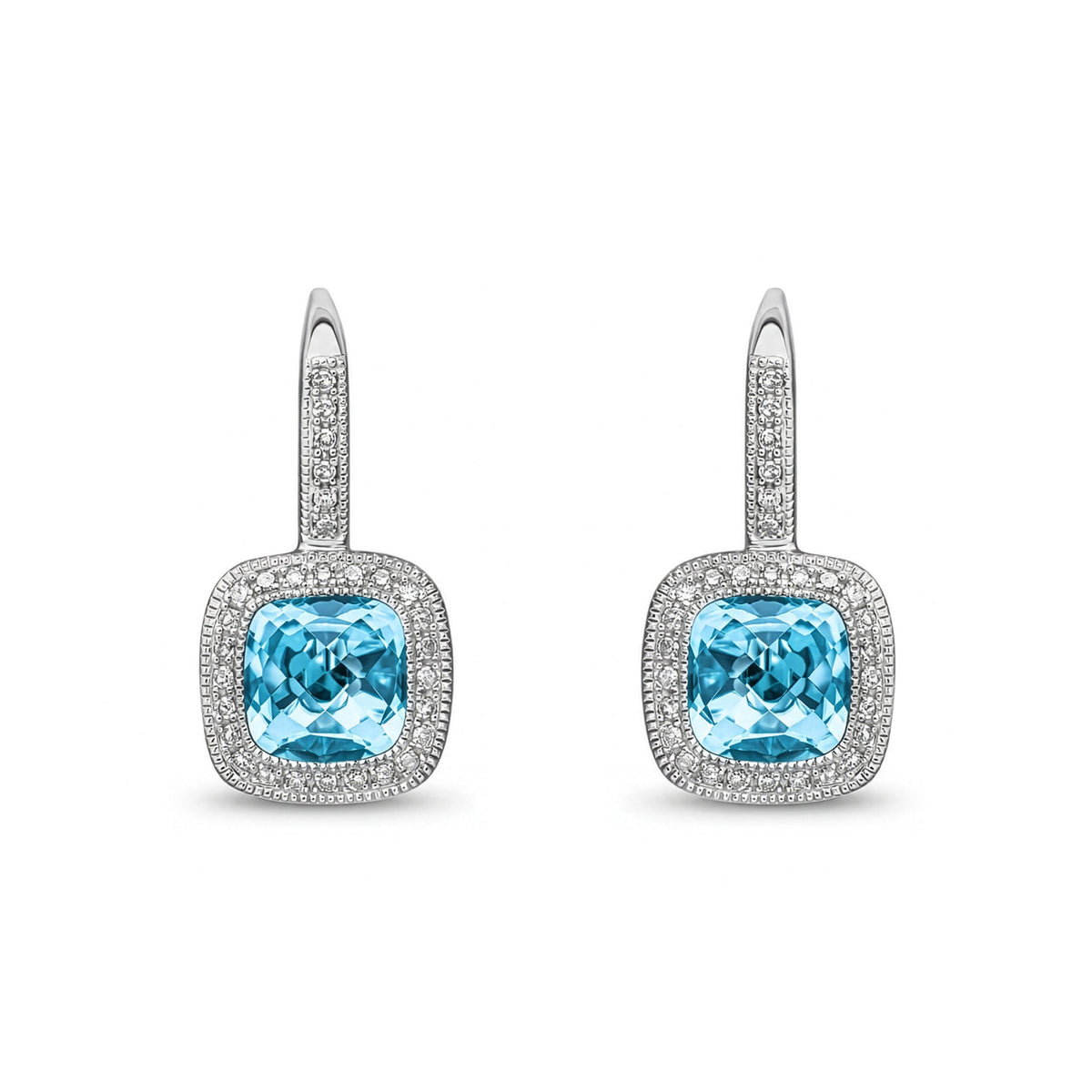 9ct White Gold Cushion Natural Swiss Blue Topaz & Diamond Halo Drop Earrings — 7mm