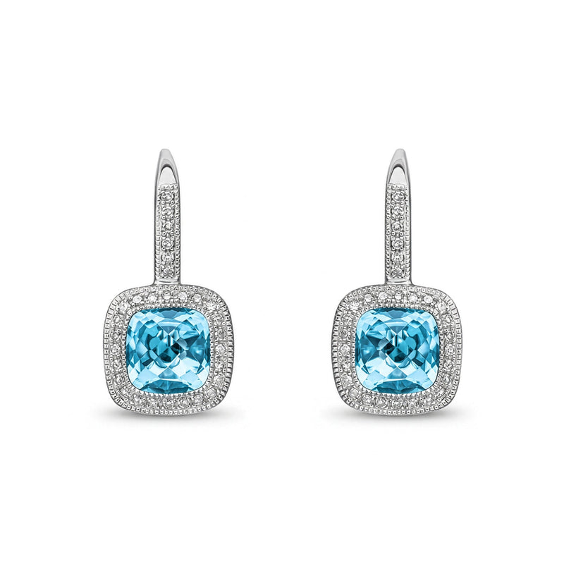 9ct White Gold Cushion Natural Swiss Blue Topaz & Diamond Halo Drop Earrings — 7mm