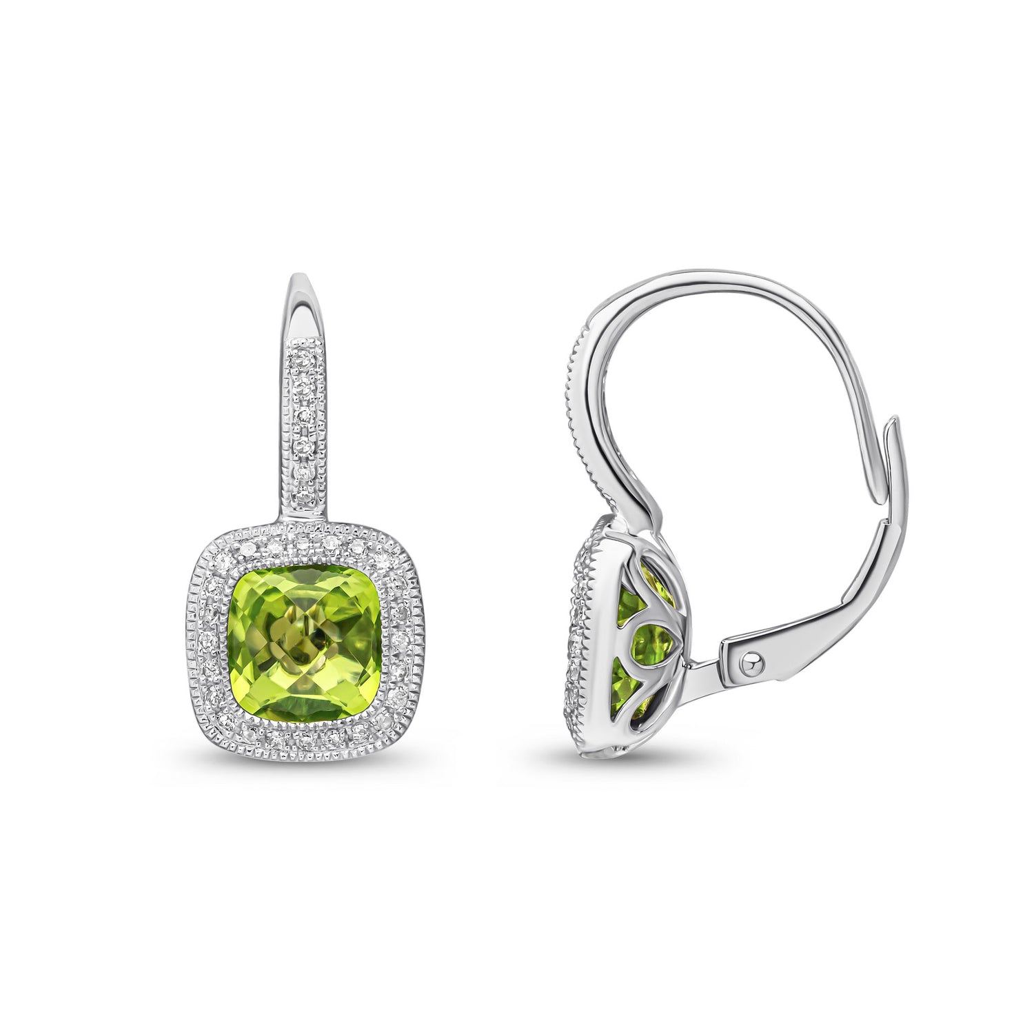 9ct White Gold Cushion Cut Natural Peridot and Round Diamond Halo Drop Earrings