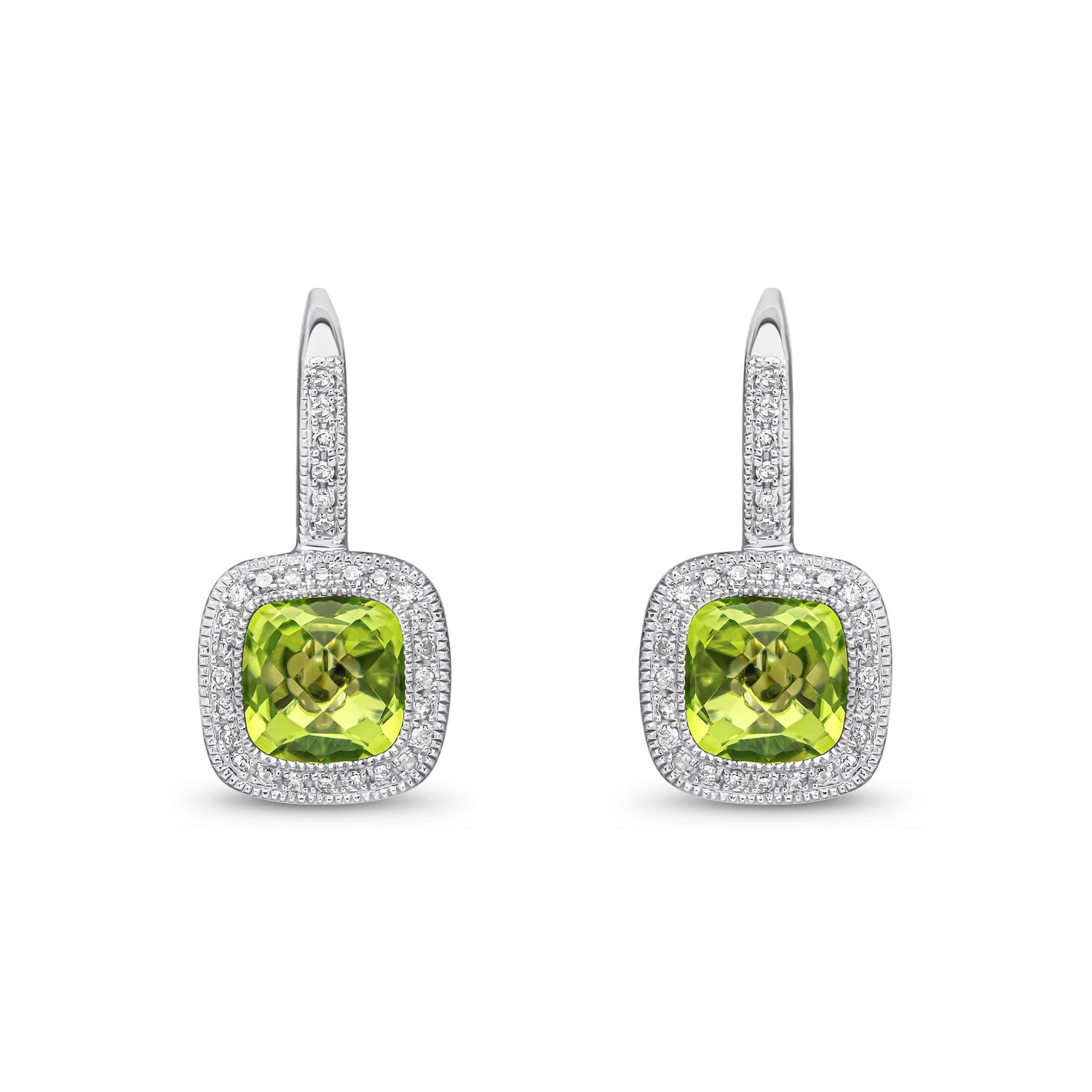 9ct White Gold Cushion Cut Natural Peridot and Round Diamond Halo Drop Earrings
