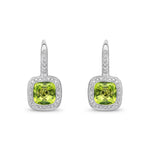 9ct White Gold Cushion Natural Peridot & Diamond Halo Drop Earrings — 7mm
