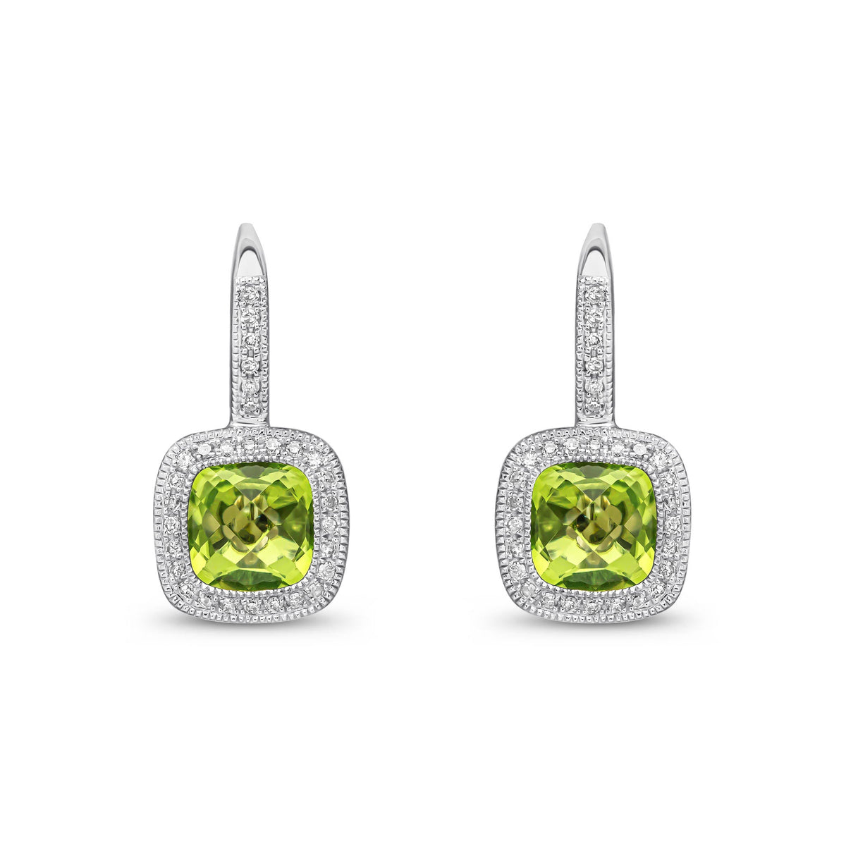 9ct White Gold Cushion Natural Peridot & Diamond Halo Drop Earrings — 7mm