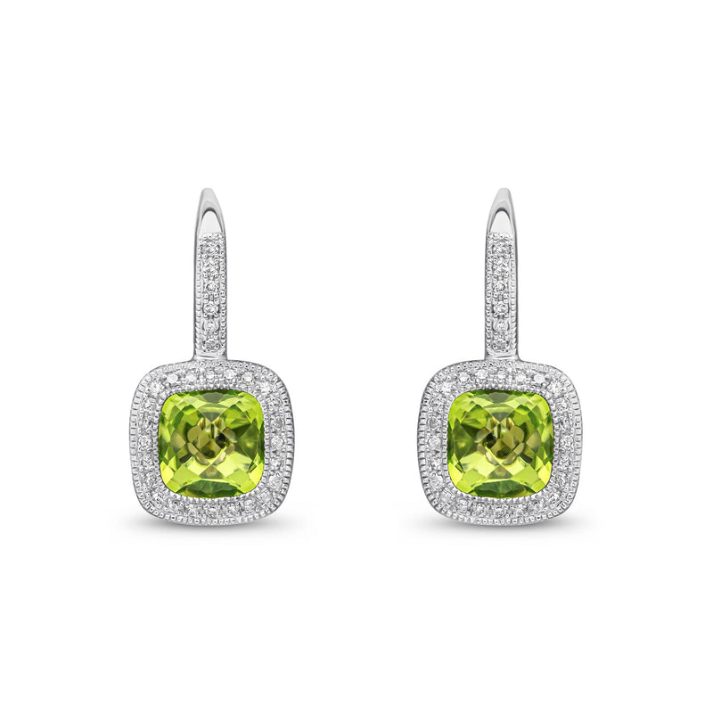 9ct White Gold Cushion Natural Peridot & Diamond Halo Drop Earrings — 7mm