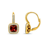9ct Yellow Gold Cushion Natural Garnet & Diamond Halo Drop Earrings — 7mm
