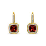 9ct Yellow Gold Cushion Natural Garnet & Diamond Halo Drop Earrings — 7mm