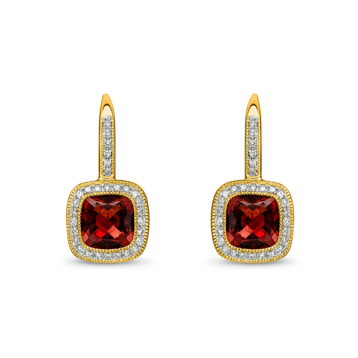 9ct Yellow Gold Cushion Natural Garnet & Diamond Halo Drop Earrings — 7mm