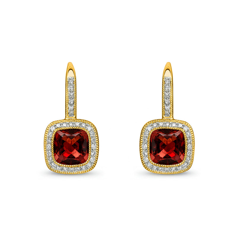 9ct Yellow Gold Cushion Natural Garnet & Diamond Halo Drop Earrings — 7mm
