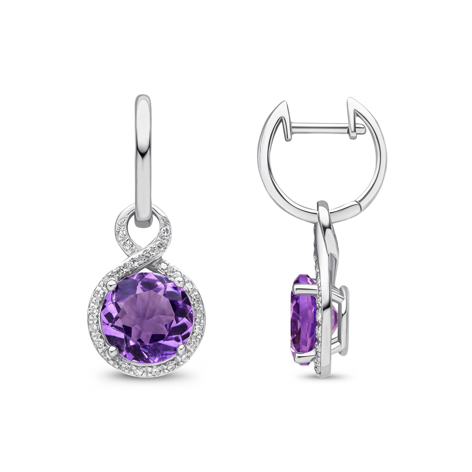 9ct White Gold Round Natural Amethyst and Diamond Drop Hoop Earrings