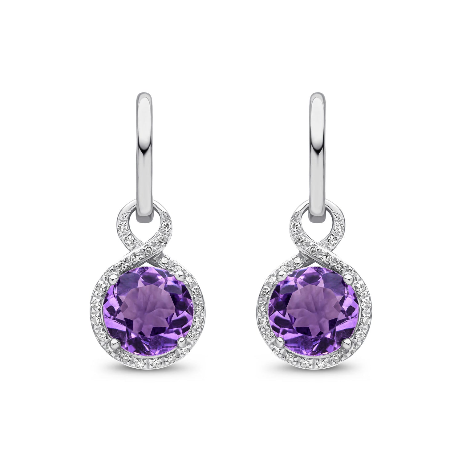 9ct White Gold Round Natural Amethyst and Diamond Drop Hoop Earrings