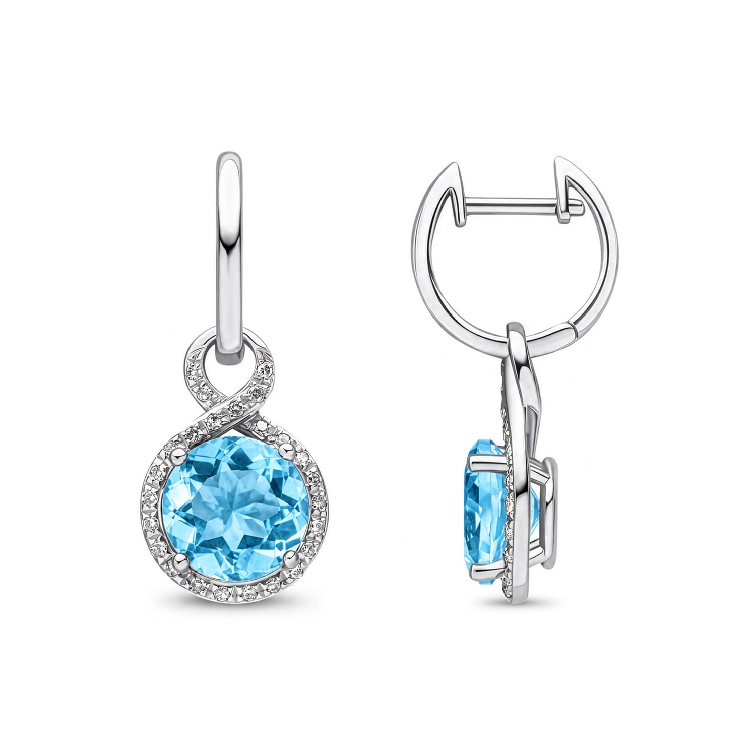 9ct White Gold Round Natural Swiss Blue Topaz and Diamond Drop Hoop Earrings