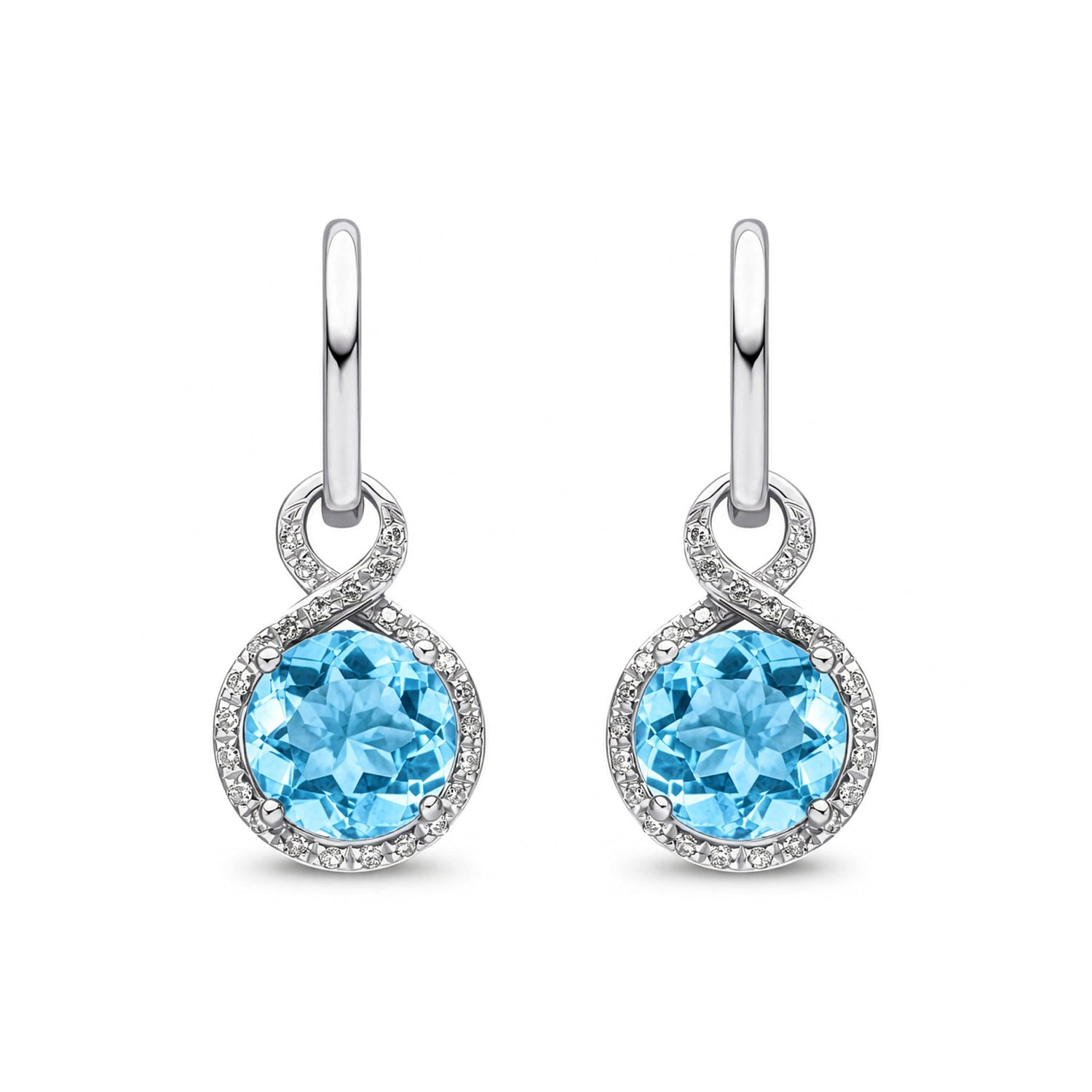 9ct White Gold Round Natural Swiss Blue Topaz and Diamond Drop Hoop Earrings