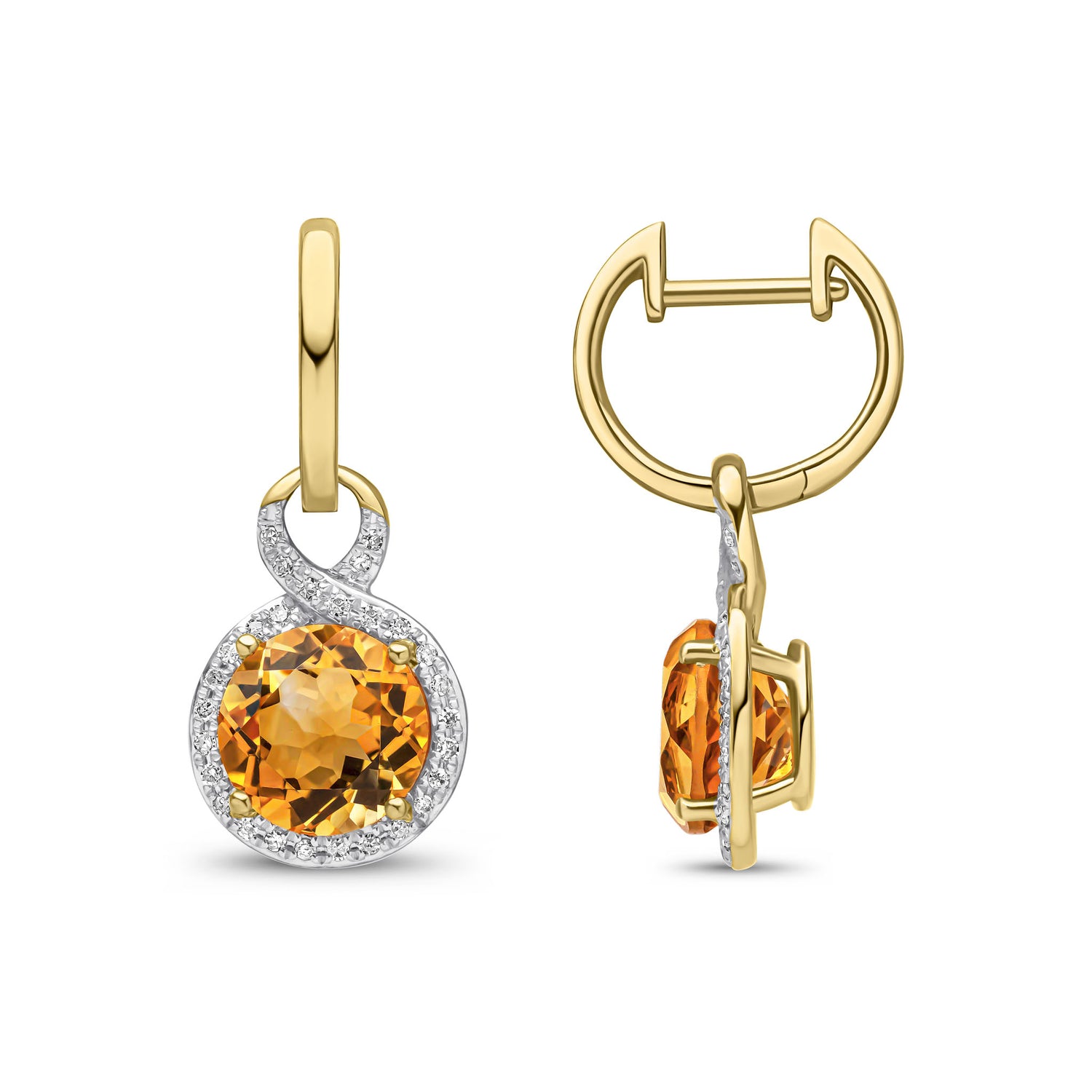 9ct Yellow Gold Round Natural Citrine and Diamond Drop Hoop Earrings