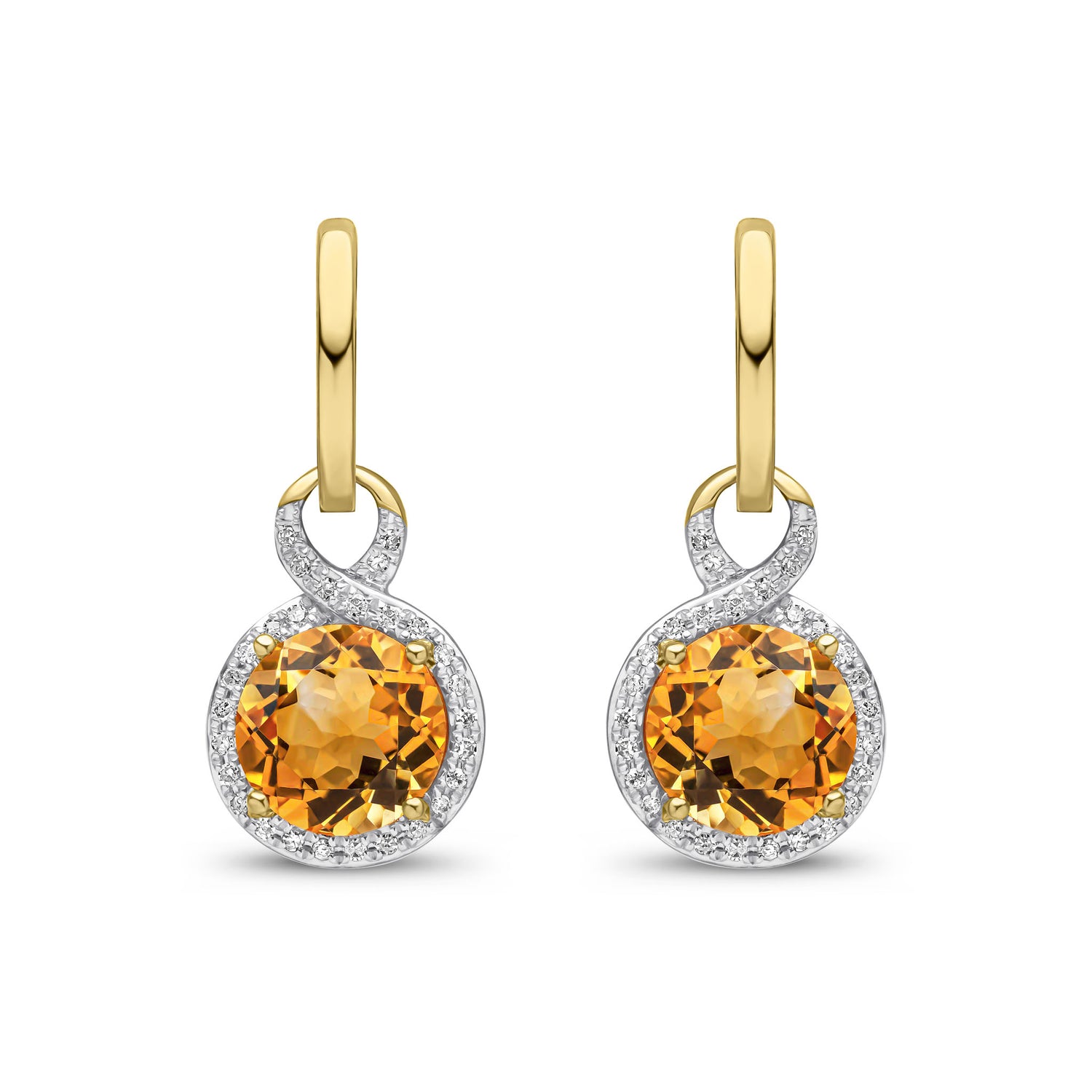 9ct Yellow Gold Round Natural Citrine and Diamond Drop Hoop Earrings