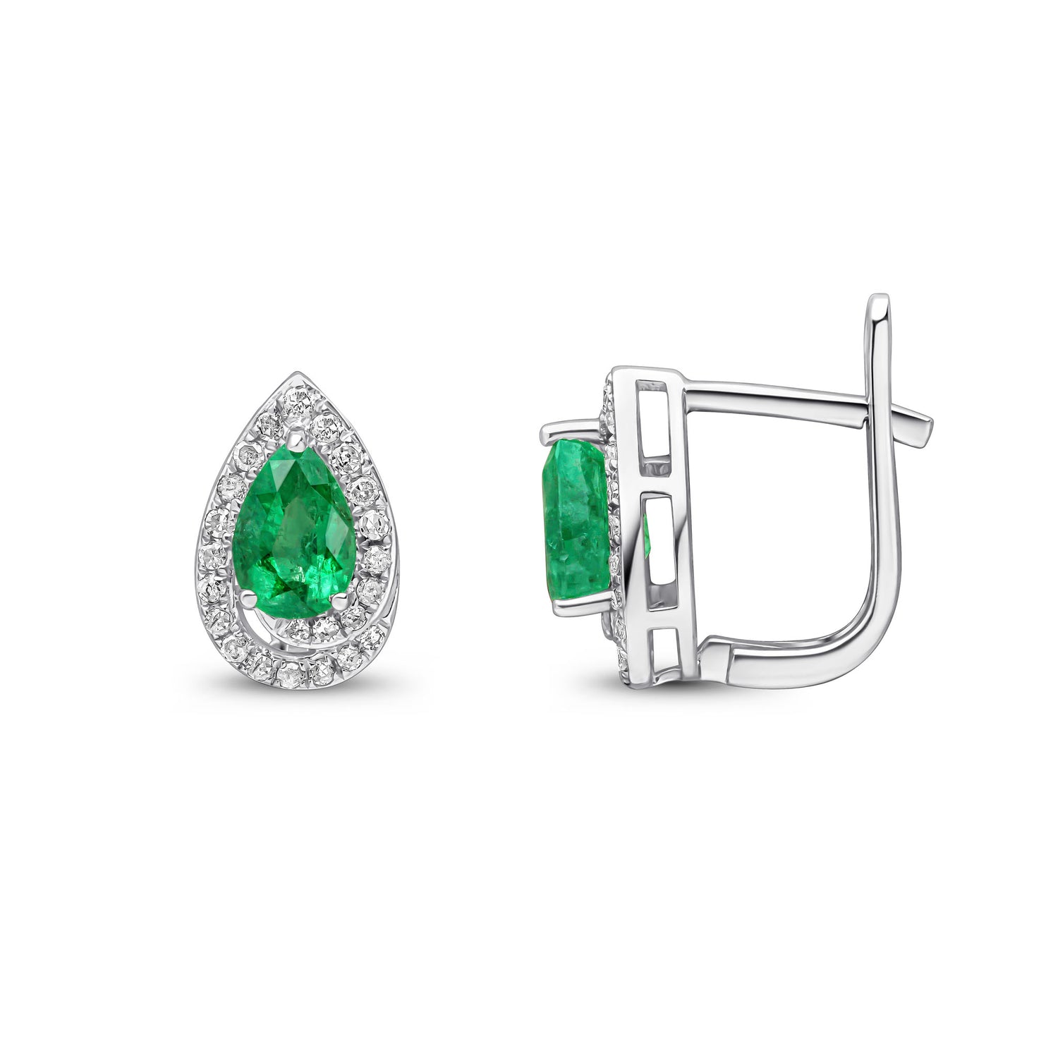 9ct White Gold Pear Shaped Natural Emerald and Round Diamond Halo Stud Earrings — 6x4mm