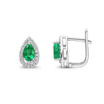 9ct White Gold Pear Shaped Natural Emerald & Diamond Halo Stud Earrings — 6x4mm