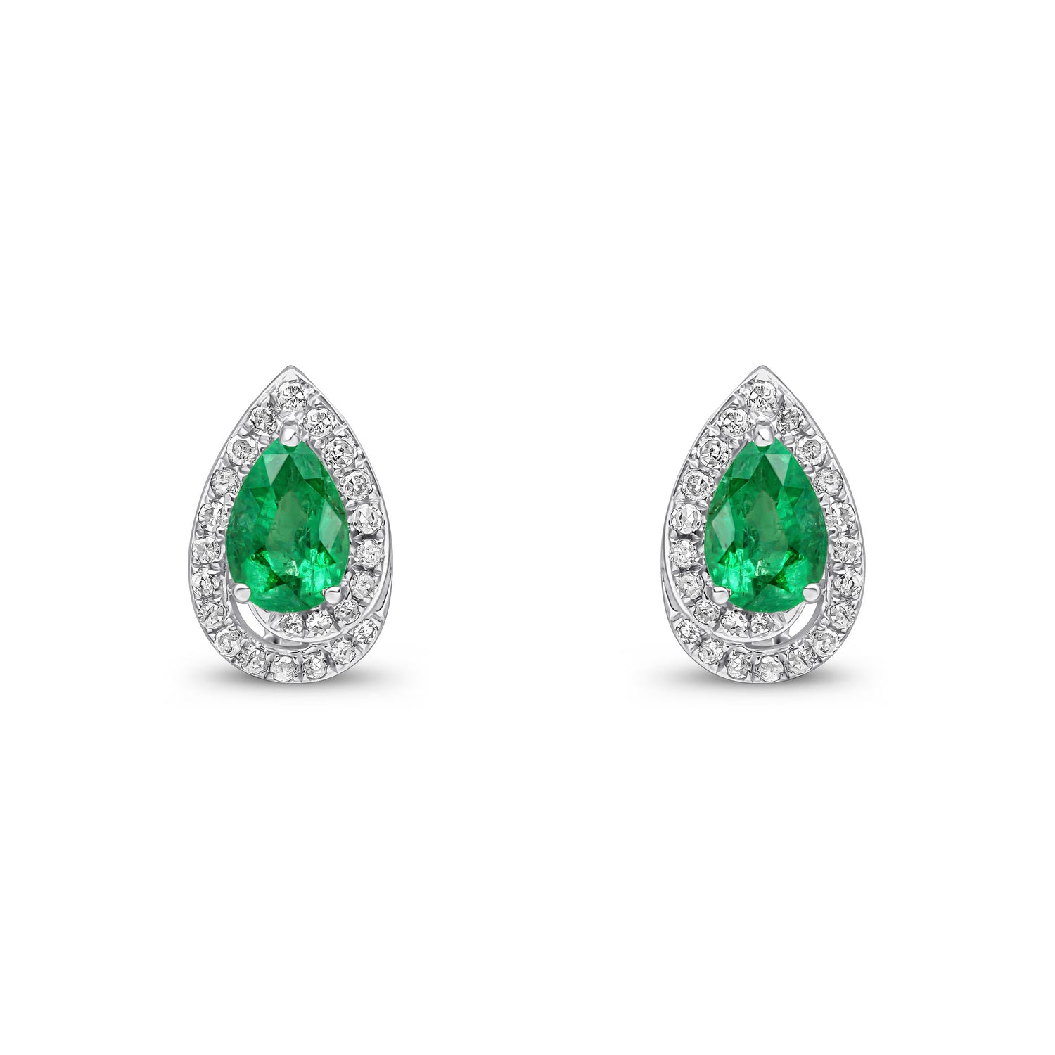 9ct White Gold Pear Shaped Natural Emerald and Round Diamond Halo Stud Earrings — 6x4mm